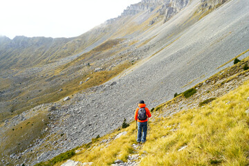 Obraz premium Travel to the east of Montenegro: a tourist during a hike on a beautiful mountain route in the Komovi Nature Park. Photographed from the back, a man descends from the top of Kucki Kom to Katun Carine