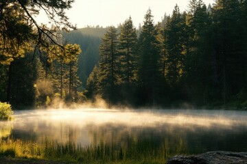 Serene misty lake surrounded by tall trees at sunrise.