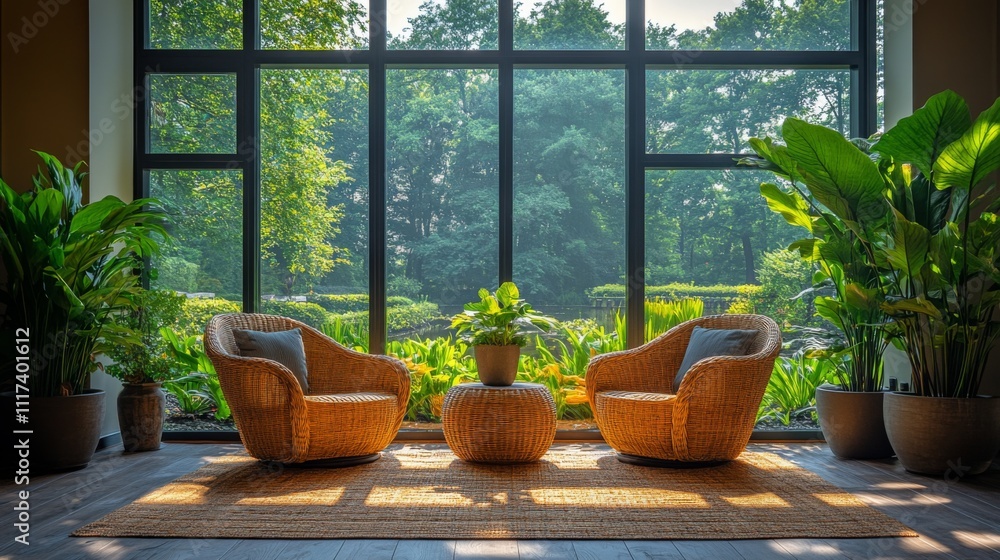 Poster two comfortable wicker chairs are placed beside a round table in a bright, airy space filled with po