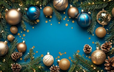 A decorated Christmas wreath featuring gold and blue ornaments, embellished with pine cones, perfect for festive holiday decor.