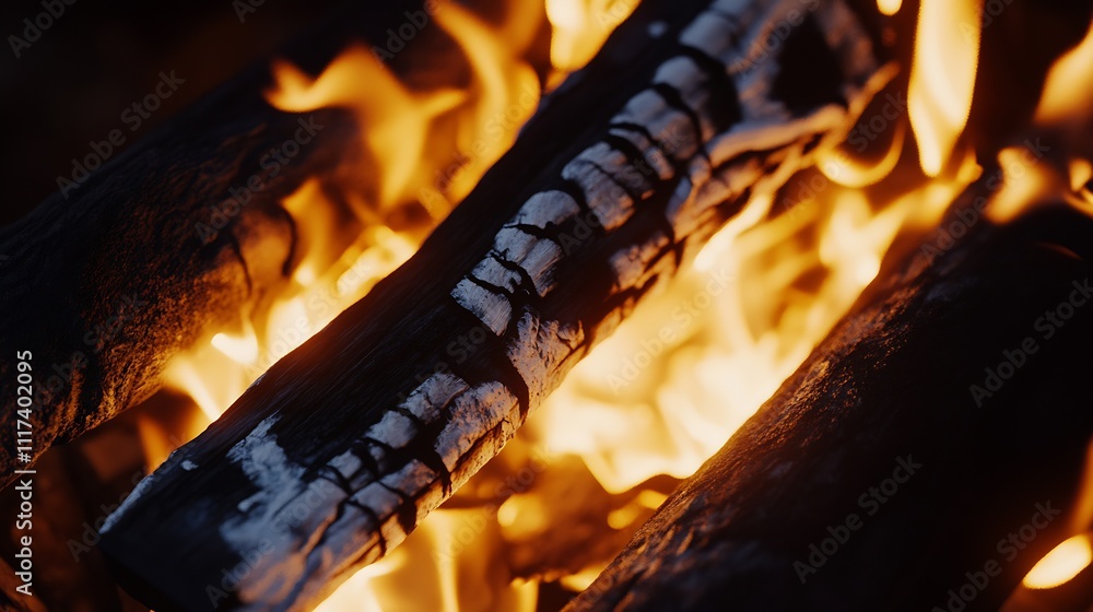 Poster burning wooden logs in bright fiery campfire closeup with dynamic flames creating warm atmosphere : 