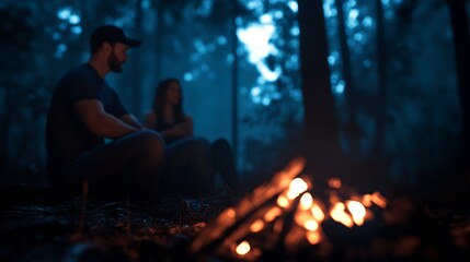 Fototapeta premium Two People Sitting by a Campfire in the Forest at Night : Generative AI