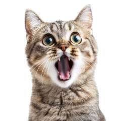 Surprised cat with wide-open mouth isolated on transparent background.