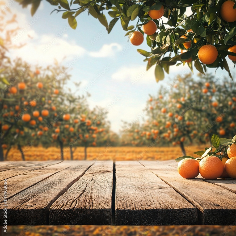 Poster empty wooden table with fresh oranges and orange trees in background