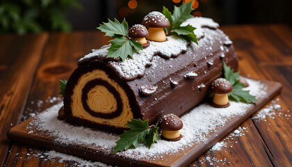 Beautifully decorated Yule log cake dusted with powdered sugar, chocolate mushrooms, and holly leaves on a rustic table
