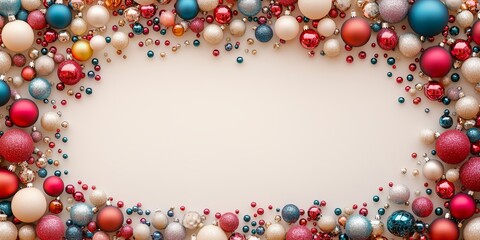 Obraz premium A beautifully arranged frame of colorful Christmas ornaments, showcasing their vibrant designs against a clean white background, perfect for festive celebrations.