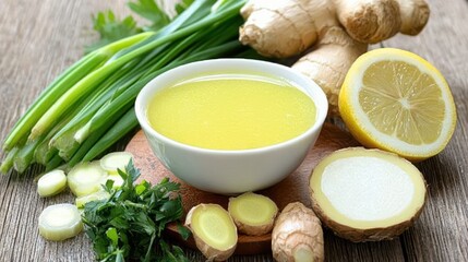 Bowl of golden soup with ginger, lemon, and spring onions on a wooden surface.
