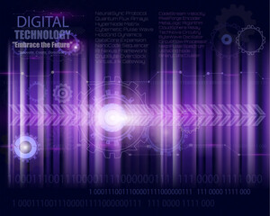 Futuristic digital technology background in dark purple tones featuring glowing gears, binary code, abstract tech elements, and text overlays, ideal for innovation, technology, and data-related themes