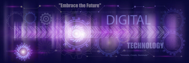 Obraz premium Futuristic digital technology background in dark purple tones featuring glowing gears, binary code, abstract tech elements, and text overlays, ideal for innovation, technology, and data-related themes