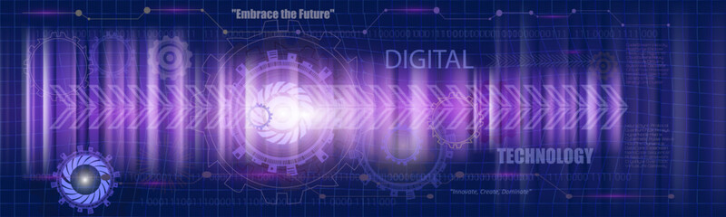 Futuristic digital technology background in dark purple tones featuring glowing gears, binary code, abstract tech elements, and text overlays, ideal for innovation, technology, and data-related themes