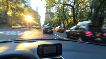 A vibrant city street scene captured from inside a moving car, showcasing sunlight filtering through trees and bustling traffic.