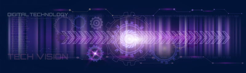 Fototapeta premium Futuristic digital technology background in dark purple tones featuring glowing gears, binary code, abstract tech elements, and text overlays, ideal for innovation, technology, and data-related themes