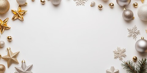 A serene white background adorned with festive Christmas decorations, creating a cheerful and joyful atmosphere for the holiday season.
