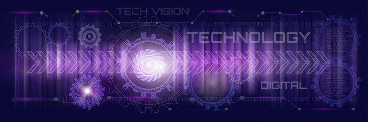 Futuristic digital technology background in dark purple tones featuring glowing gears, binary code, abstract tech elements, and text overlays, ideal for innovation, technology, and data-related themes