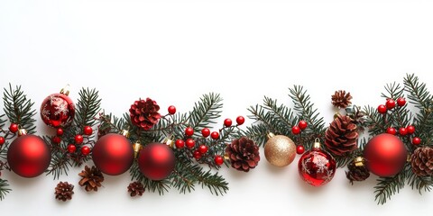 A detailed view of a festive Christmas garland adorned with vibrant red and gold ornaments, capturing the essence of holiday decorations.