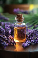 A small glass vial of lavender essential oil placed on a rustic wooden table, surrounded by freshly picked lavender sprigs