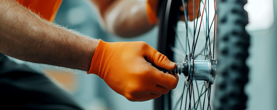 Bicycle repairs and alignment concept. Repairing a bicycle wheel with orange gloves on a close-up shot. - Powered by Adobe