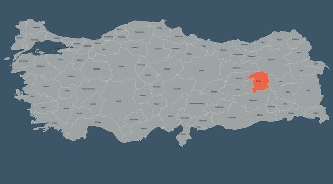 Map of Turkey Highlighting Bing&ouml;l Region with Labeled Provinces