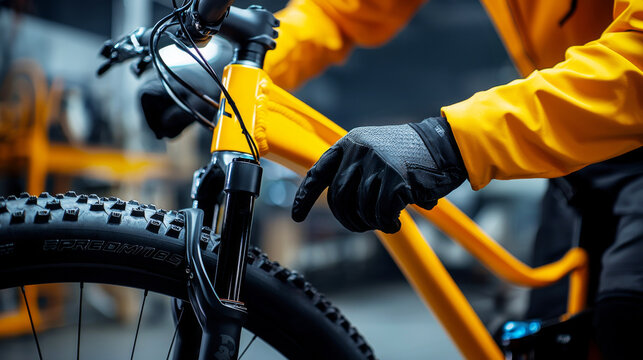 Bicycle repairs and alignment concept. Close-up of a cyclist adjusting a mountain bike in a workshop.