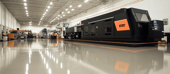 Modern factory interior with large industrial machinery and polished floor.