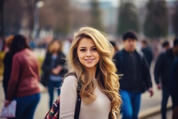 Naklejka premium A woman with long blonde hair is smiling and posing for a picture