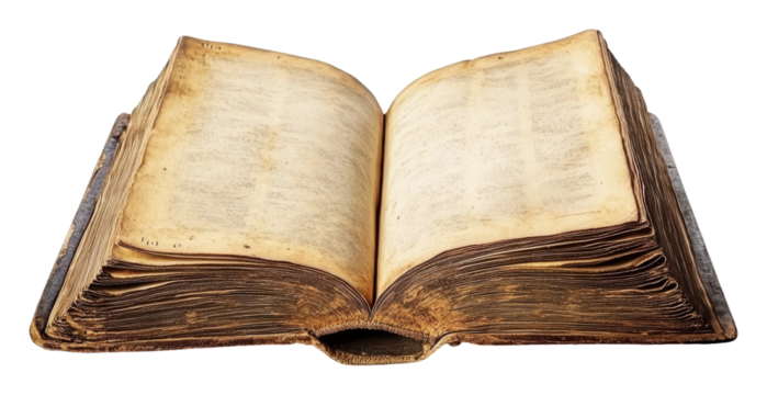 Old book with worn pages resting open on a surface, cut out - stock png.