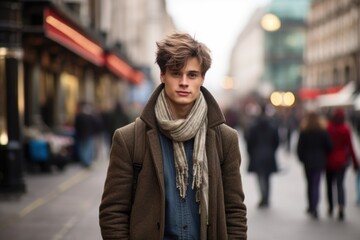 Fototapeta premium A young man wearing a brown coat and scarf stands on a city street