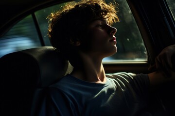A young man is sitting in a car with his head tilted back