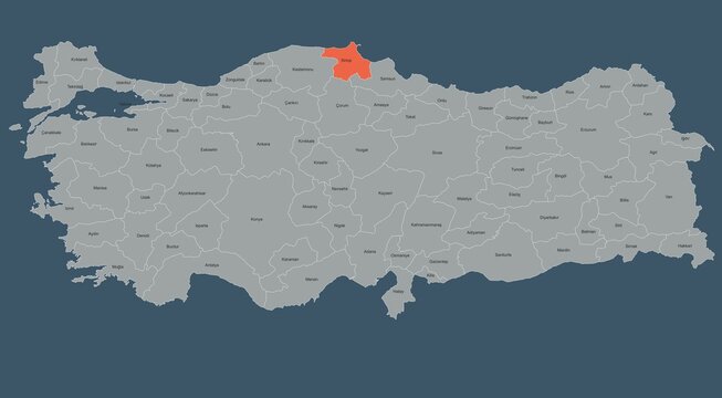Map of Turkey Highlighting Sinop Region with Labeled Provinces