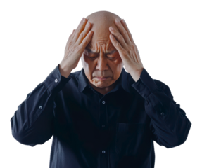 Elderly man experiencing severe headache indoors, cut out - stock png.
