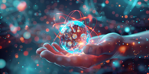 3D Render of a Hand Holding a Glowing Atom Illustration