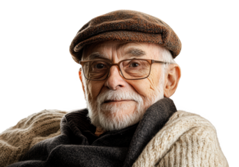 Elderly man with glasses wearing a cap and sweater, cut out - stock png.