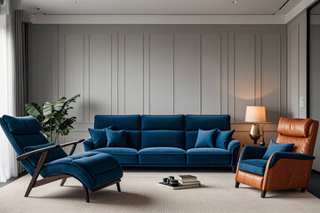 Fototapeta premium Dark blue sofa and recliner chair room architecture furniture