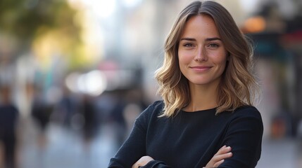 Fototapeta premium Portrait of a beautiful woman on the street with her arms crossed on her chest. Copy space.