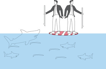 Working together through risks and crises, unity and trust, solving problems and troubles together, two businessmen with harpoons standing on floating bills together against sharks in the wate