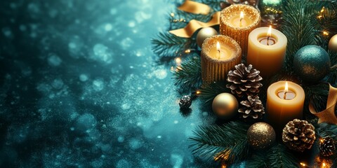 A festive arrangement of candles and ornaments on a beautifully lit Christmas wreath, embodying the spirit of holiday decoration and celebration.