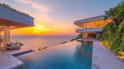 Fototapeta premium Stunning sunset view from a luxurious villa with an infinity pool overlooking the ocean.