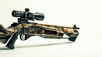 A high-quality camouflage crossbow with advanced optics displayed against a clean, white background, highlighting its sleek design and craftsmanship.