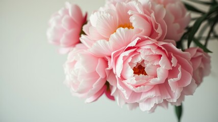 Delicate pink peony blossoms with soft petals and a subtle hint of yellow in the center, showcasing the beauty of nature's artistry.
