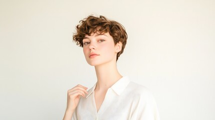 Elegant young woman with glowing short hairstyle with confidence and gentle smile. Modern beauty portrait with clean minimal composition showing healthy, rad