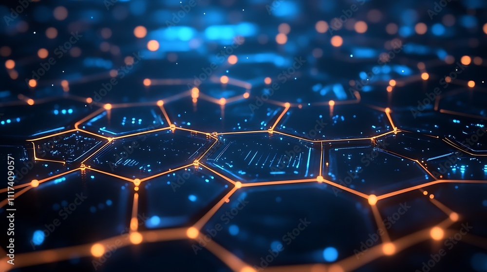 Poster futuristic digital hexagonal network with orange and blue lights illustration : generative ai
