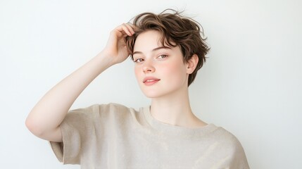 Fototapeta premium Elegant young woman with glowing short hairstyle with confidence and gentle smile. Modern beauty portrait with clean minimal composition showing healthy, rad