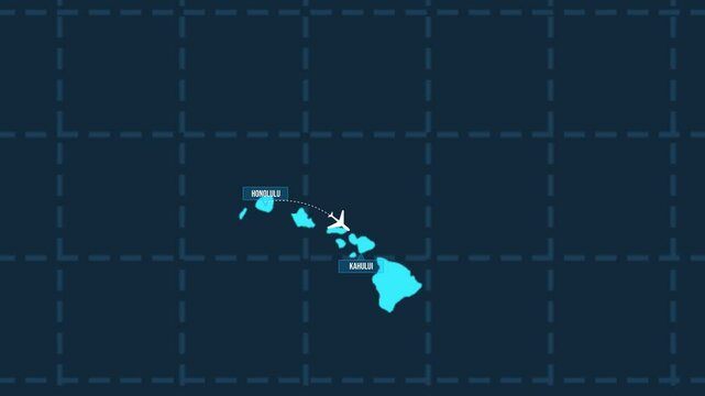 Honolulu to Kahului flight route 4k animation on the map with plane and path