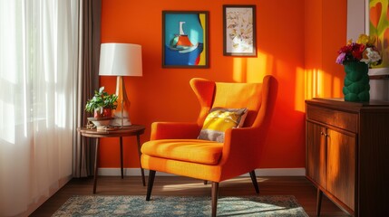 A vibrant living space featuring an orange armchair, decorative art, and plants.