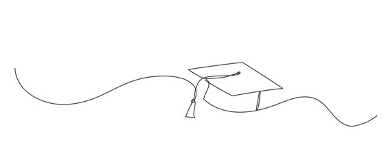 Graduation cap one line illustration. Hand drawn continuous sketch of student hat on white background