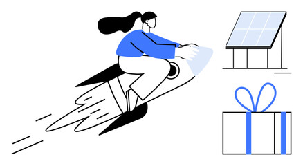 Woman riding a rocket, signifying speed and progress, with a solar panel and gift box denoting sustainability and rewards. Ideal for technology, innovation, eco-friendly solutions, startups