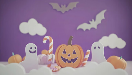 Naklejka premium Adorable Halloween scene featuring a smiling jack-o'-lantern, friendly ghosts, candy canes, and pumpkins against a purple background. Perfect for Halloween cards or websites.