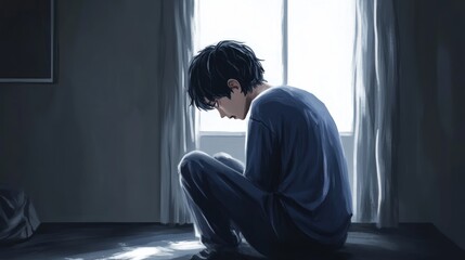 A solitary figure sits in a dimly lit room, reflecting on emotions and introspection.