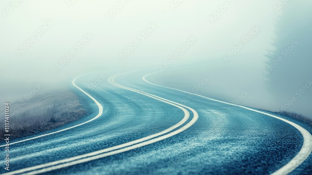 Aufkleber curved road disappearing into the fog, creating a mysterious atmosphere.