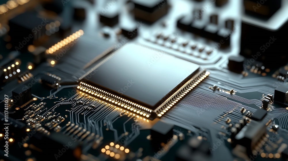 Poster high detail closeup of microchip on circuit board highlighting technology and innovation : generativ